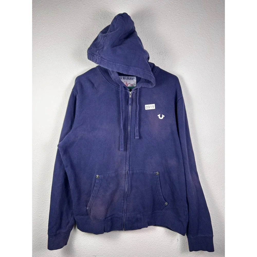 True Religion Mens XL World Tour Zip Up Hoodie Navy Blue Horseshoe Logo Graphic
